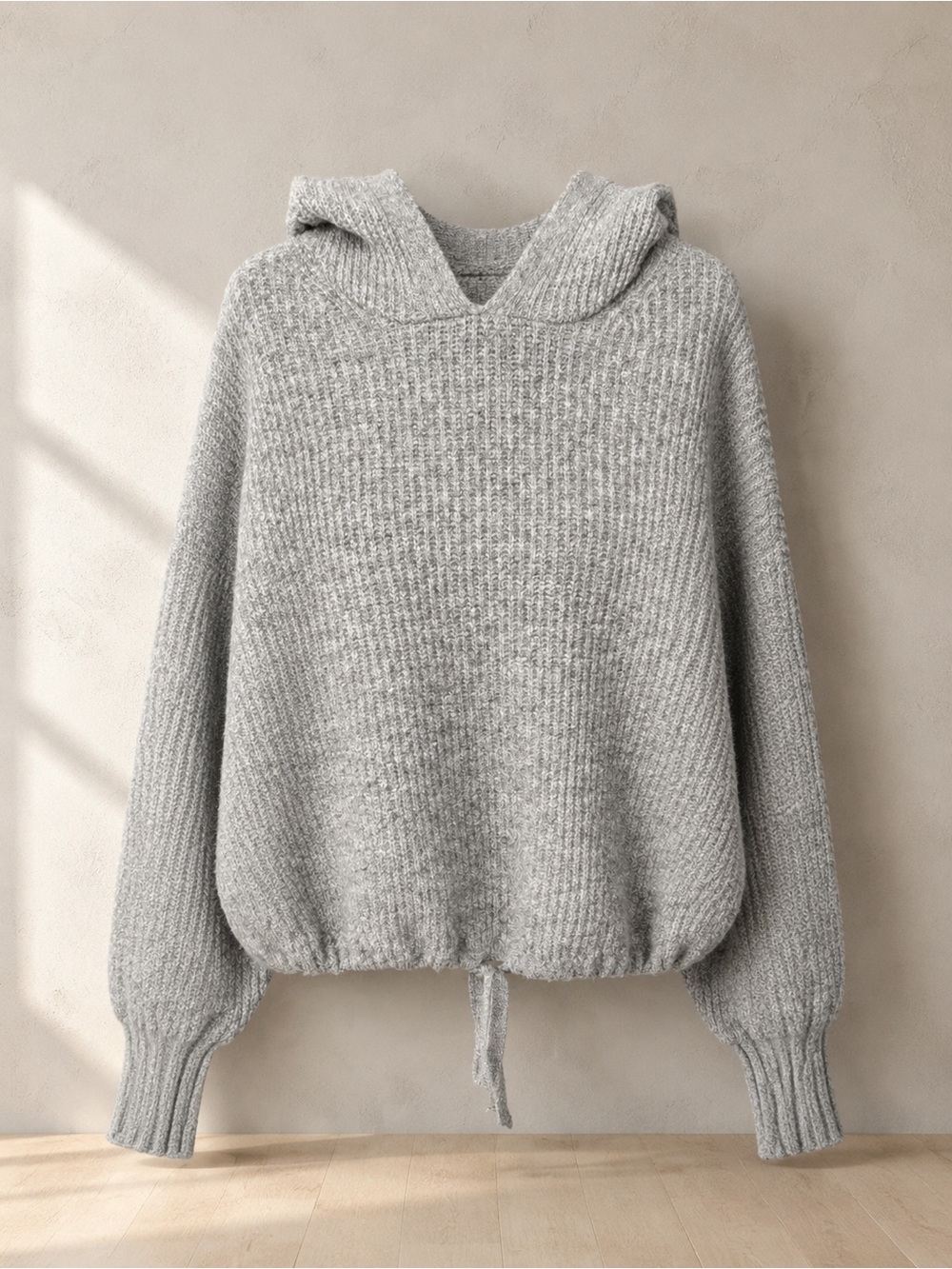 American Eagle Gray Knit Hoodie Balloon Sleeve Drawstring Hem Large